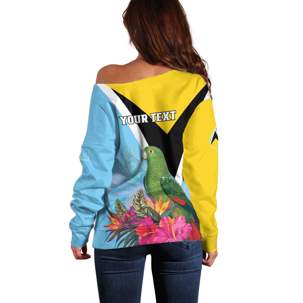 Personalized Saint Lucia Independence Day Off Shoulder Sweater Tropical Amazona Versicolor