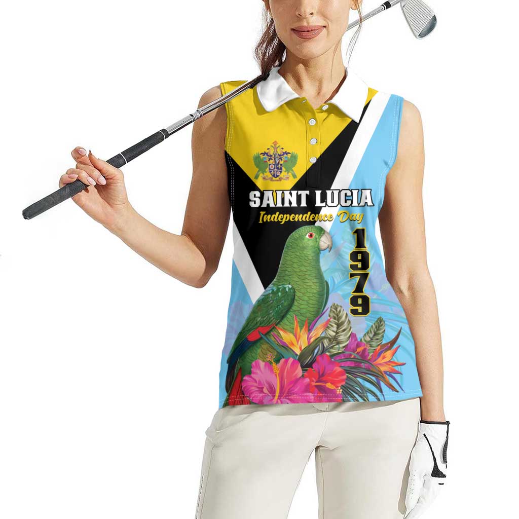 Personalized Saint Lucia Independence Day Women Sleeveless Polo Shirt Tropical Amazona Versicolor - Wonder Print Shop