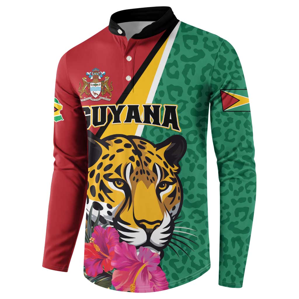 Personalized Guyana Button Sweatshirt Jaguar Tropical Flowers