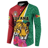Personalized Guyana Button Sweatshirt Jaguar Tropical Flowers