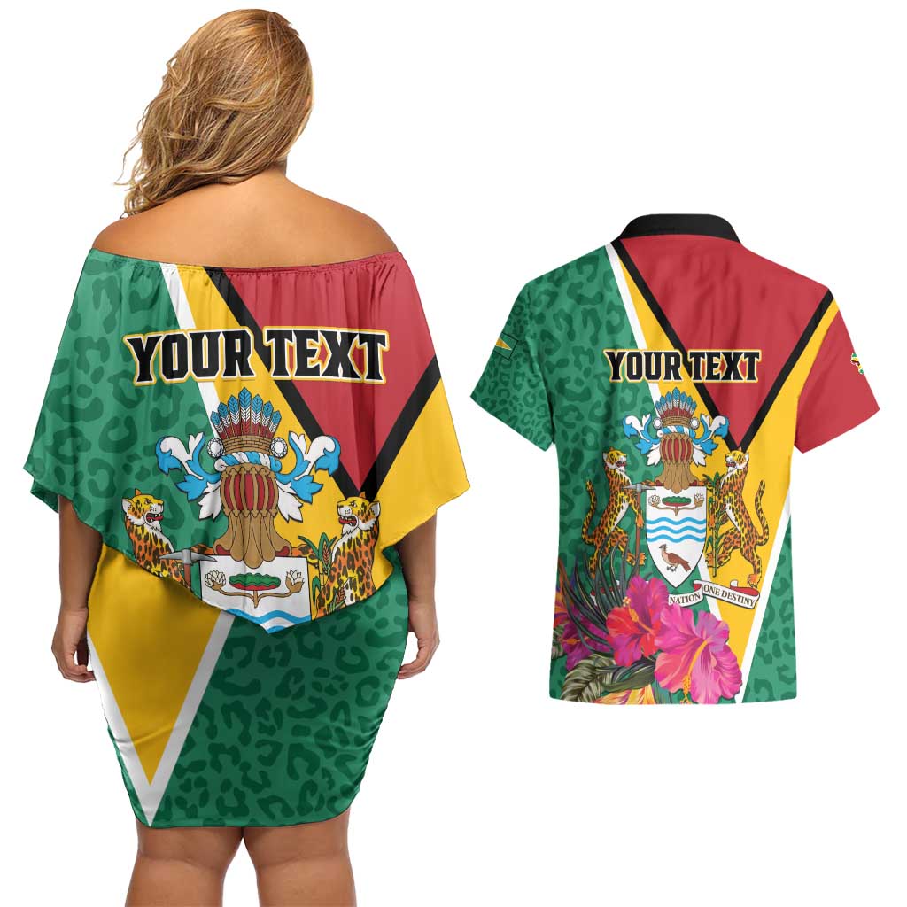 Personalized Guyana Couples Matching Off Shoulder Short Dress and Hawaiian Shirt Jaguar Tropical Flowers