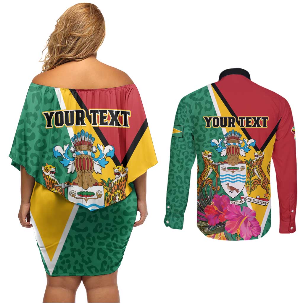Personalized Guyana Couples Matching Off Shoulder Short Dress and Long Sleeve Button Shirt Jaguar Tropical Flowers