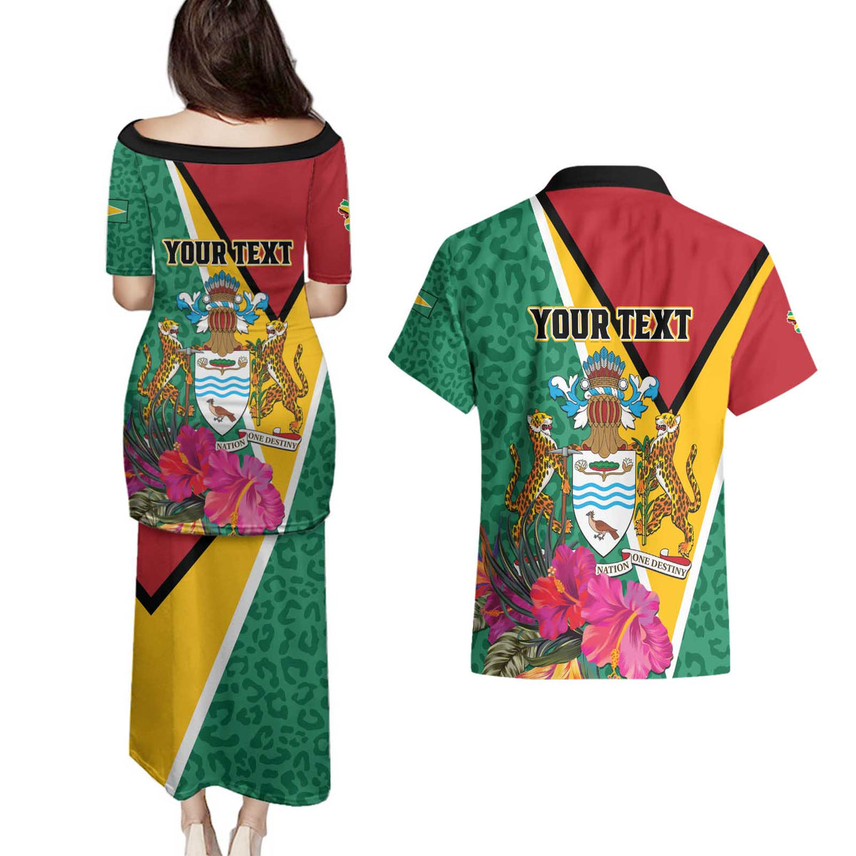 Personalized Guyana Couples Matching Puletasi and Hawaiian Shirt Jaguar Tropical Flowers