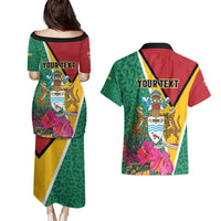 Personalized Guyana Couples Matching Puletasi and Hawaiian Shirt Jaguar Tropical Flowers