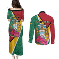 Personalized Guyana Couples Matching Puletasi and Long Sleeve Button Shirt Jaguar Tropical Flowers