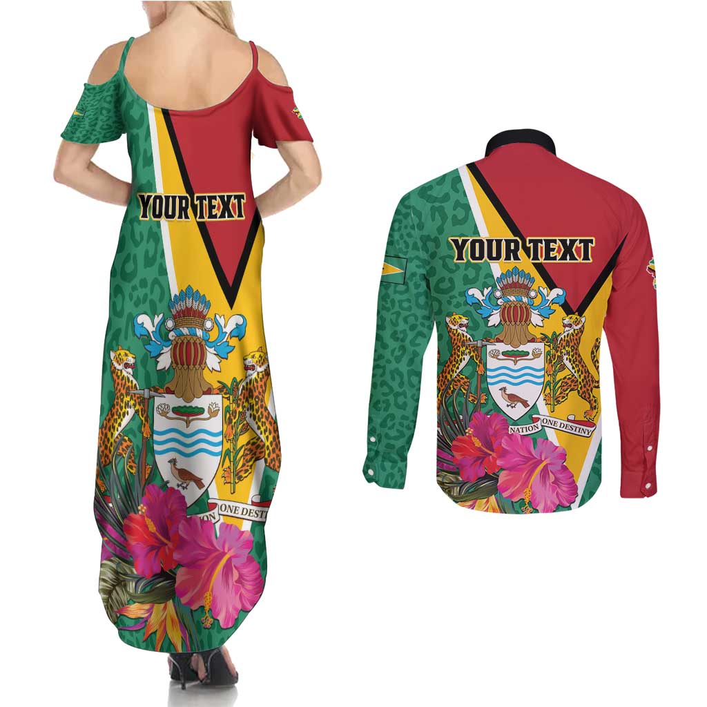 Personalized Guyana Couples Matching Summer Maxi Dress and Long Sleeve Button Shirt Jaguar Tropical Flowers
