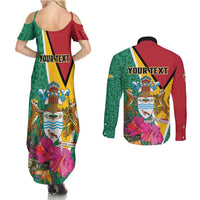 Personalized Guyana Couples Matching Summer Maxi Dress and Long Sleeve Button Shirt Jaguar Tropical Flowers