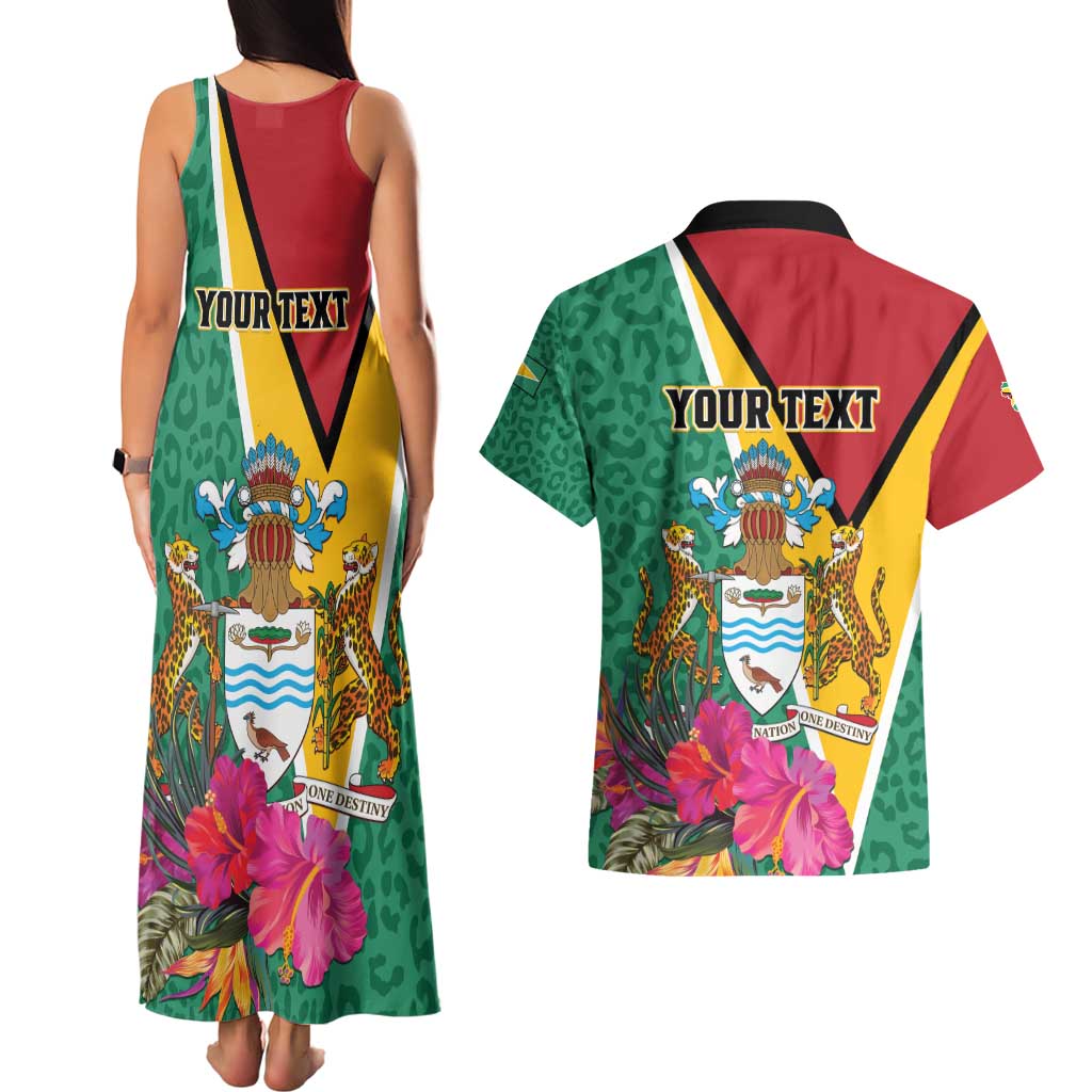 Personalized Guyana Couples Matching Tank Maxi Dress and Hawaiian Shirt Jaguar Tropical Flowers
