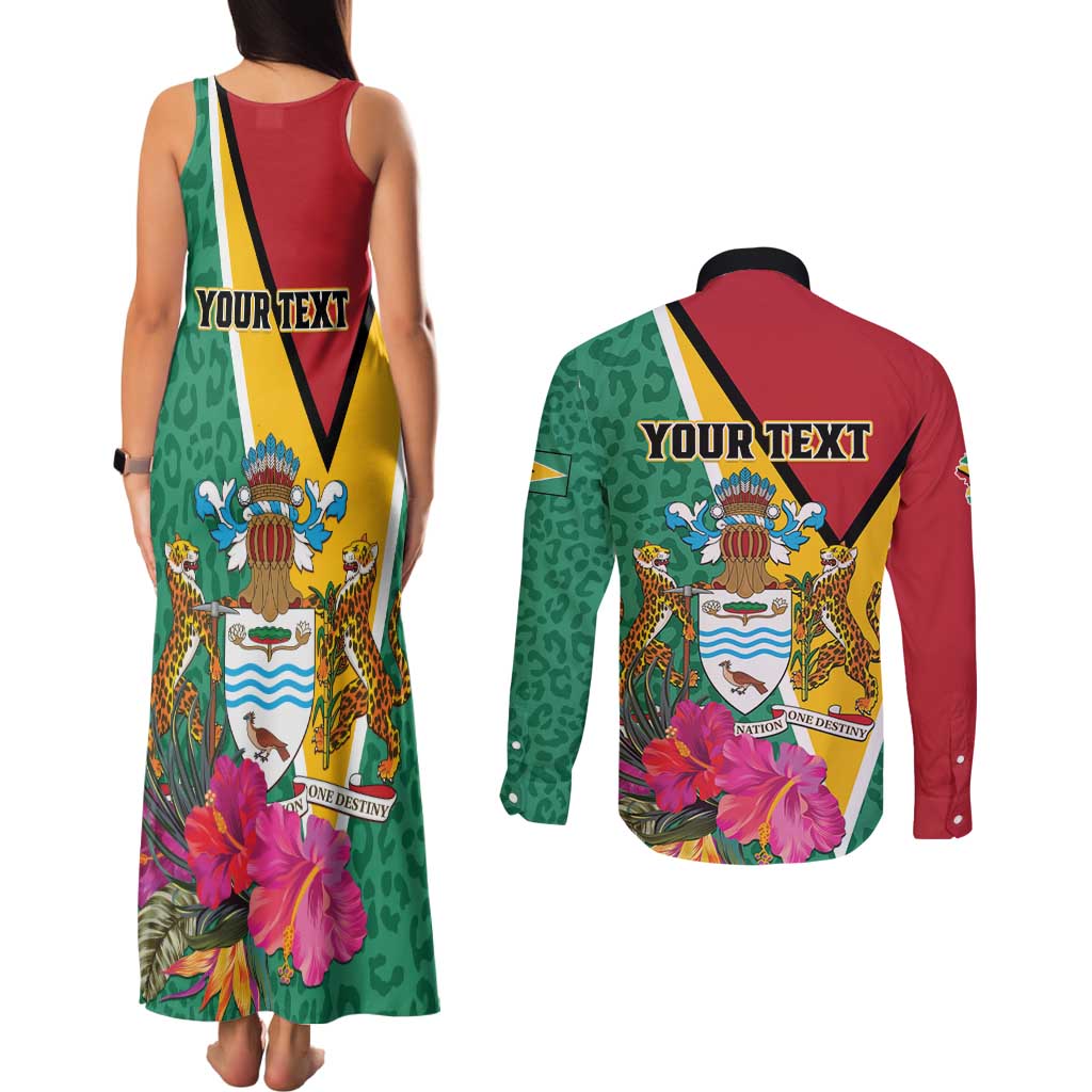 Personalized Guyana Couples Matching Tank Maxi Dress and Long Sleeve Button Shirt Jaguar Tropical Flowers