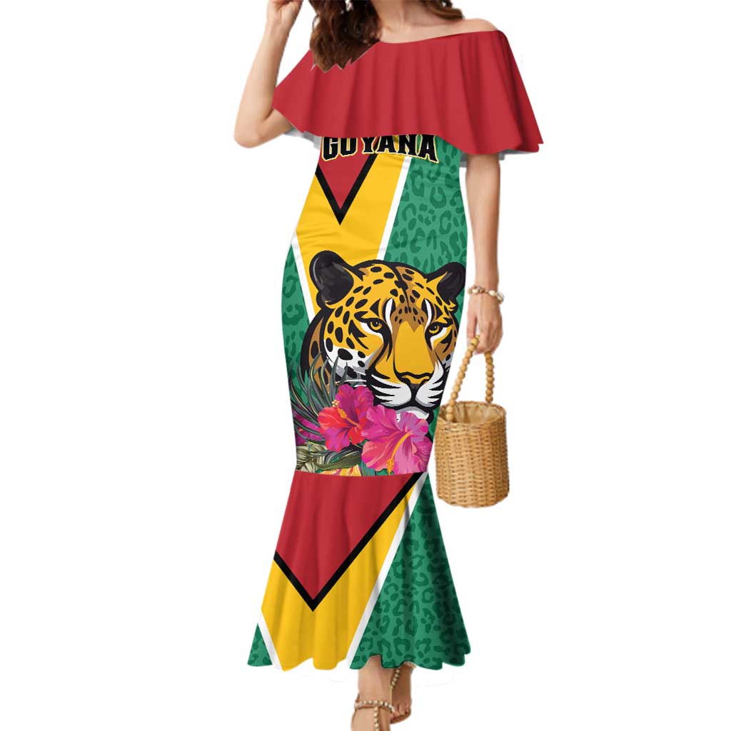 Personalized Guyana Family Matching Mermaid Dress and Hawaiian Shirt Jaguar Tropical Flowers