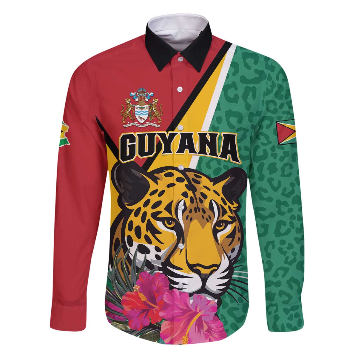 Personalized Guyana Family Matching Off The Shoulder Long Sleeve Dress and Hawaiian Shirt Jaguar Tropical Flowers