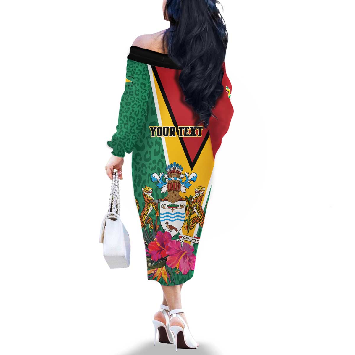 Personalized Guyana Family Matching Off The Shoulder Long Sleeve Dress and Hawaiian Shirt Jaguar Tropical Flowers