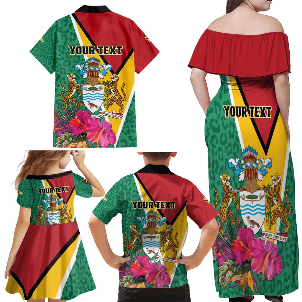 Personalized Guyana Family Matching Off Shoulder Maxi Dress and Hawaiian Shirt Jaguar Tropical Flowers