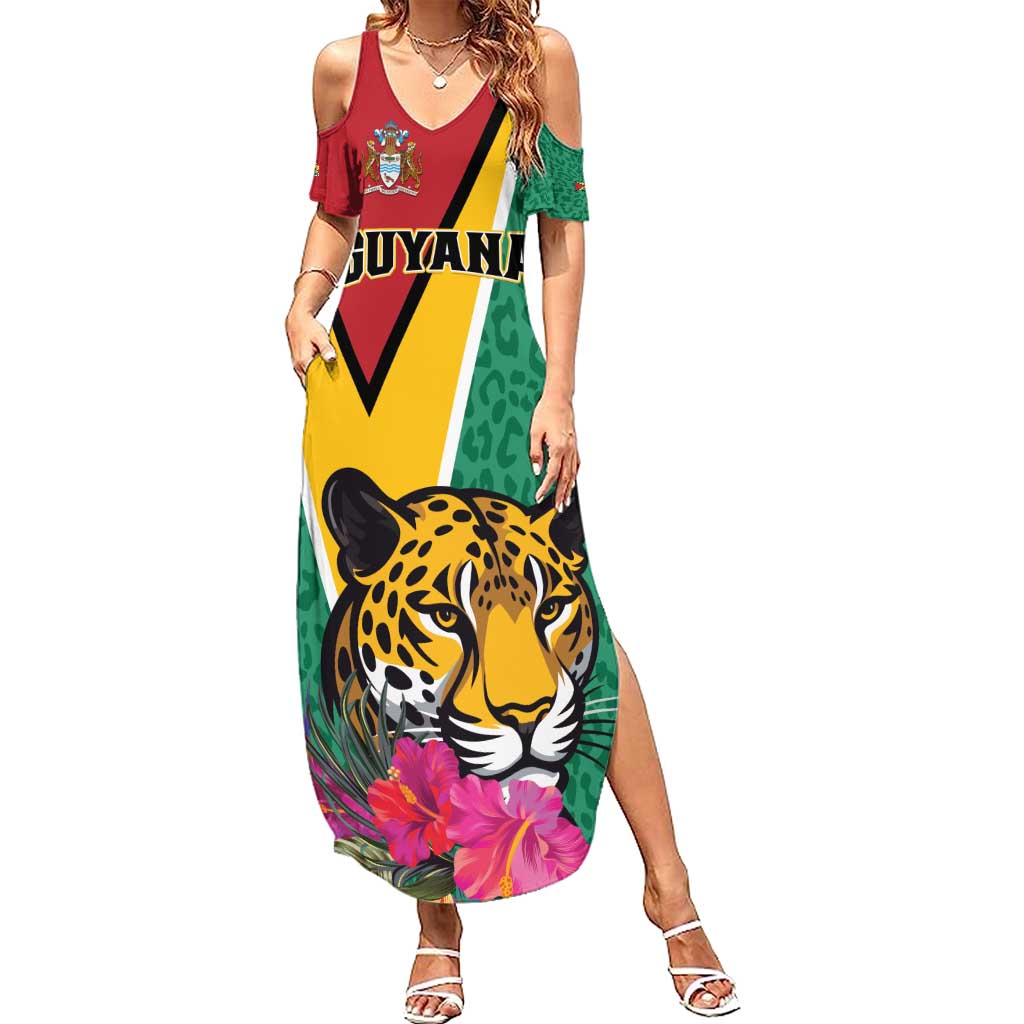 Personalized Guyana Family Matching Summer Maxi Dress and Hawaiian Shirt Jaguar Tropical Flowers