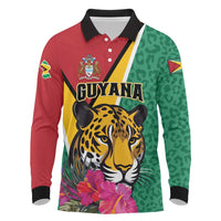 Personalized Guyana Long Sleeve Polo Shirt Jaguar Tropical Flowers