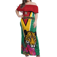 Personalized Guyana Off Shoulder Maxi Dress Jaguar Tropical Flowers