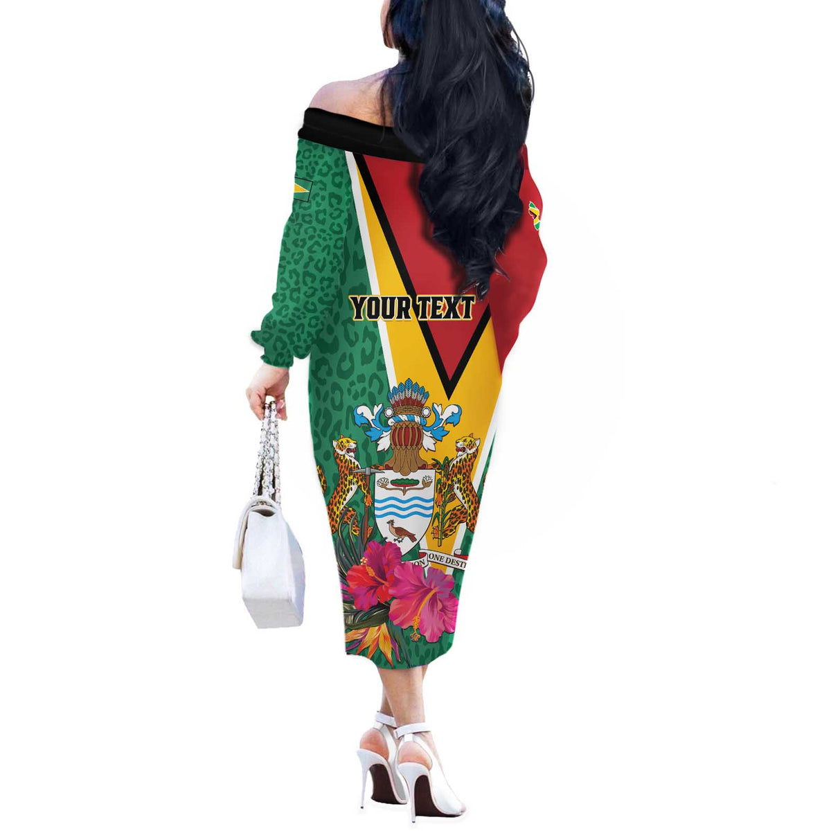 Personalized Guyana Off The Shoulder Long Sleeve Dress Jaguar Tropical Flowers