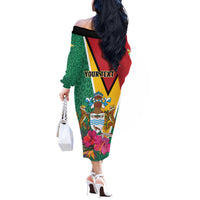 Personalized Guyana Off The Shoulder Long Sleeve Dress Jaguar Tropical Flowers