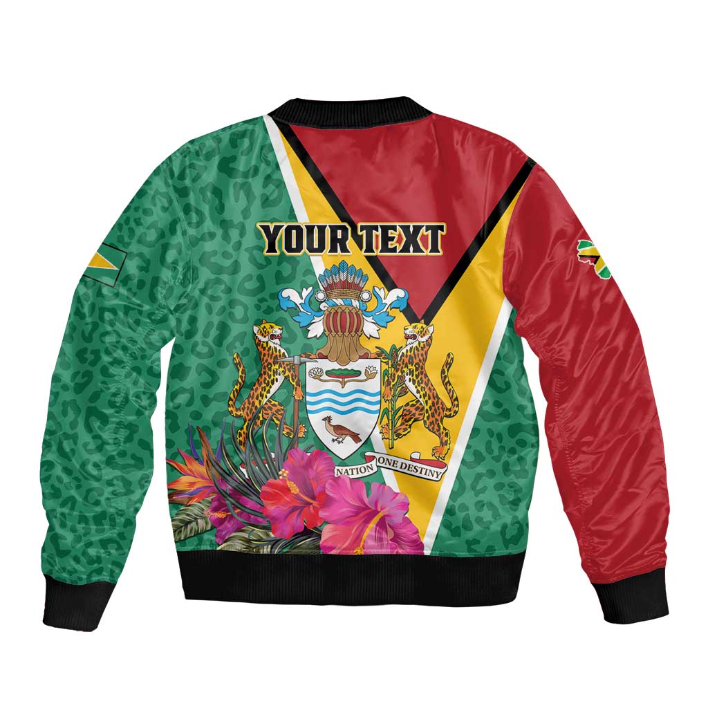 Personalized Guyana Sleeve Zip Bomber Jacket Jaguar Tropical Flowers - Wonder Print Shop