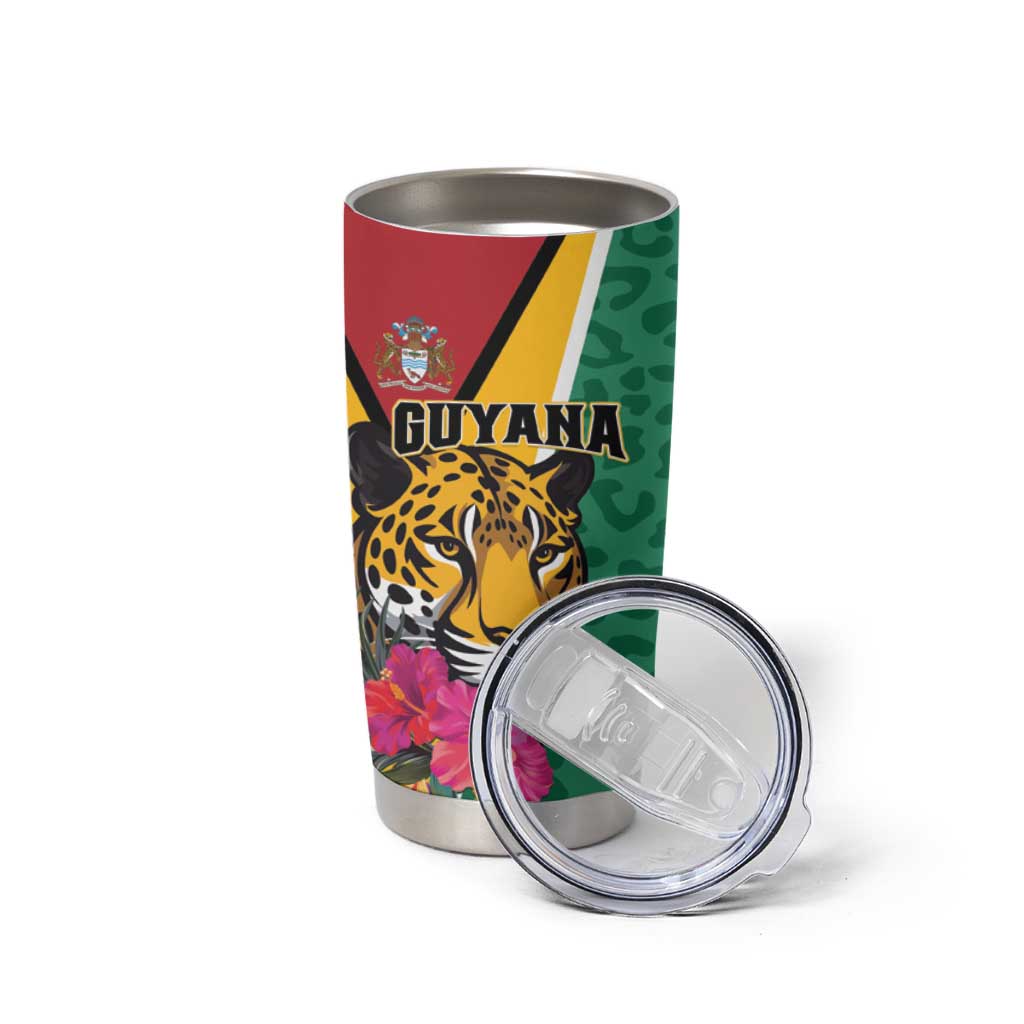 Personalized Guyana Tumbler Cup Jaguar Tropical Flowers - Wonder Print Shop