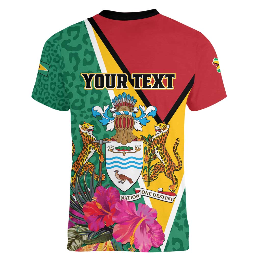 Personalized Guyana Women V-Neck T-Shirt Jaguar Tropical Flowers - Wonder Print Shop