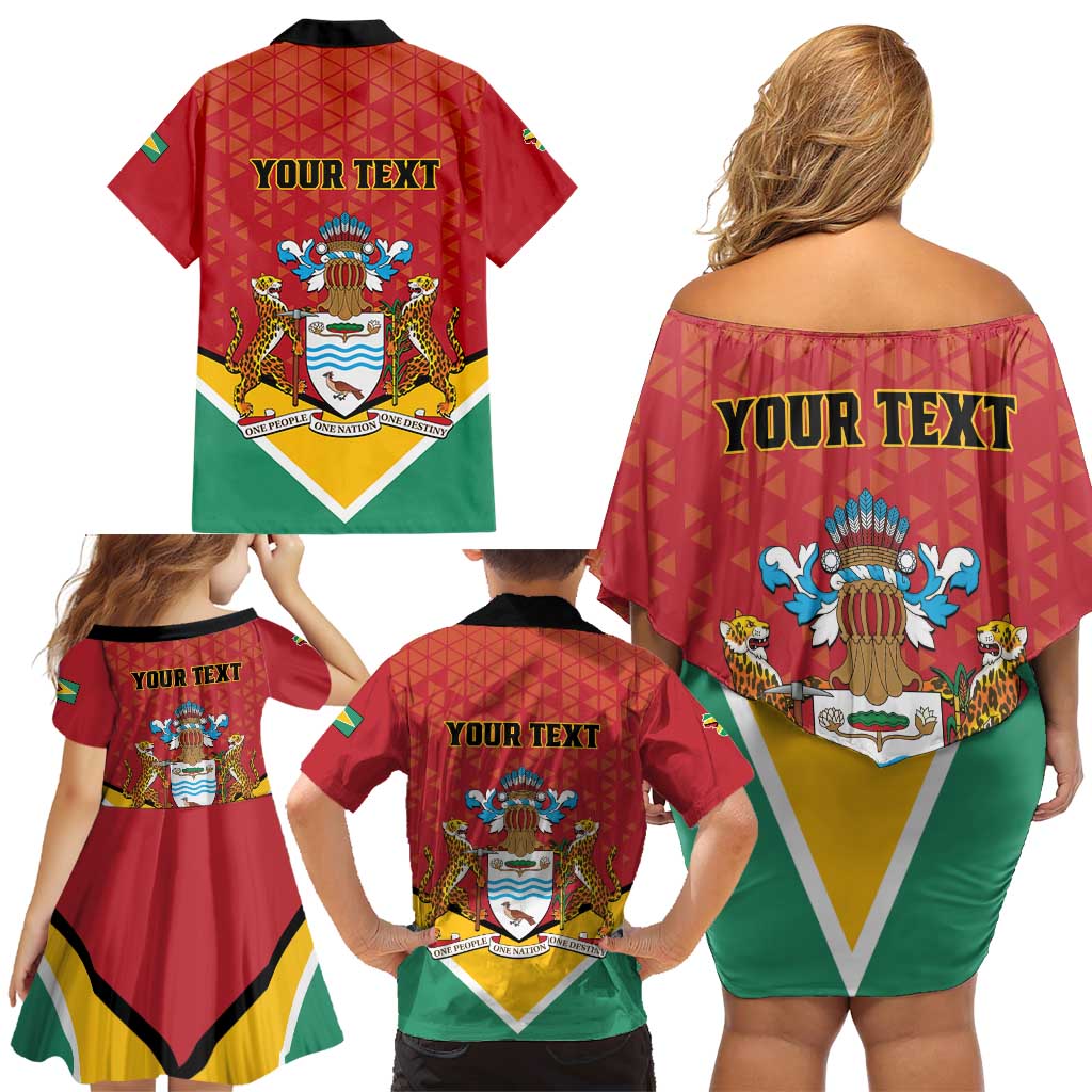 Personalized Guyana 55th Republic Anniversary Family Matching Off Shoulder Short Dress and Hawaiian Shirt Flag Style
