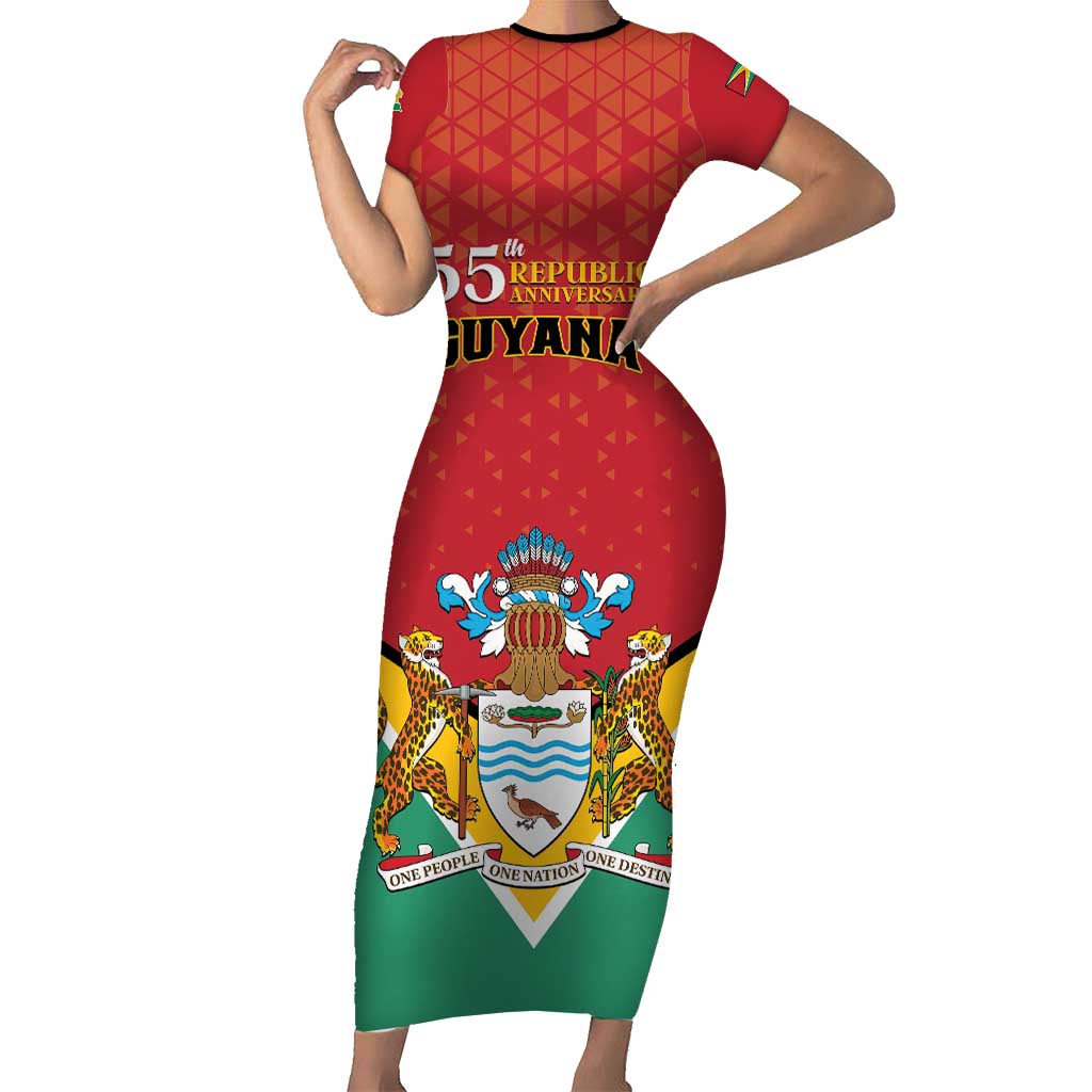 Personalized Guyana 55th Republic Anniversary Family Matching Short Sleeve Bodycon Dress and Hawaiian Shirt Flag Style