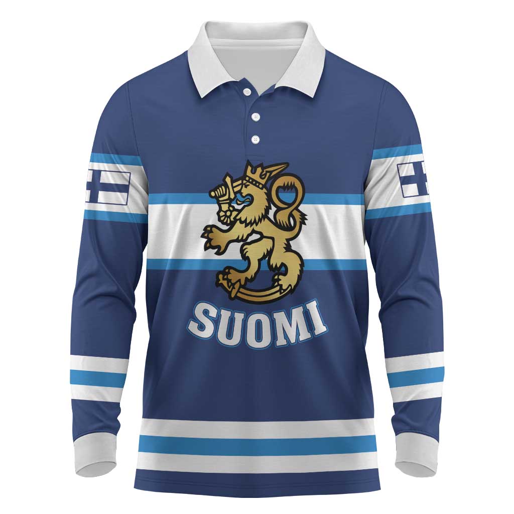 Custom Hockey 2026 Finland Long Sleeve Polo Shirt Finnish Leijonat Champions - Wonder Print Shop