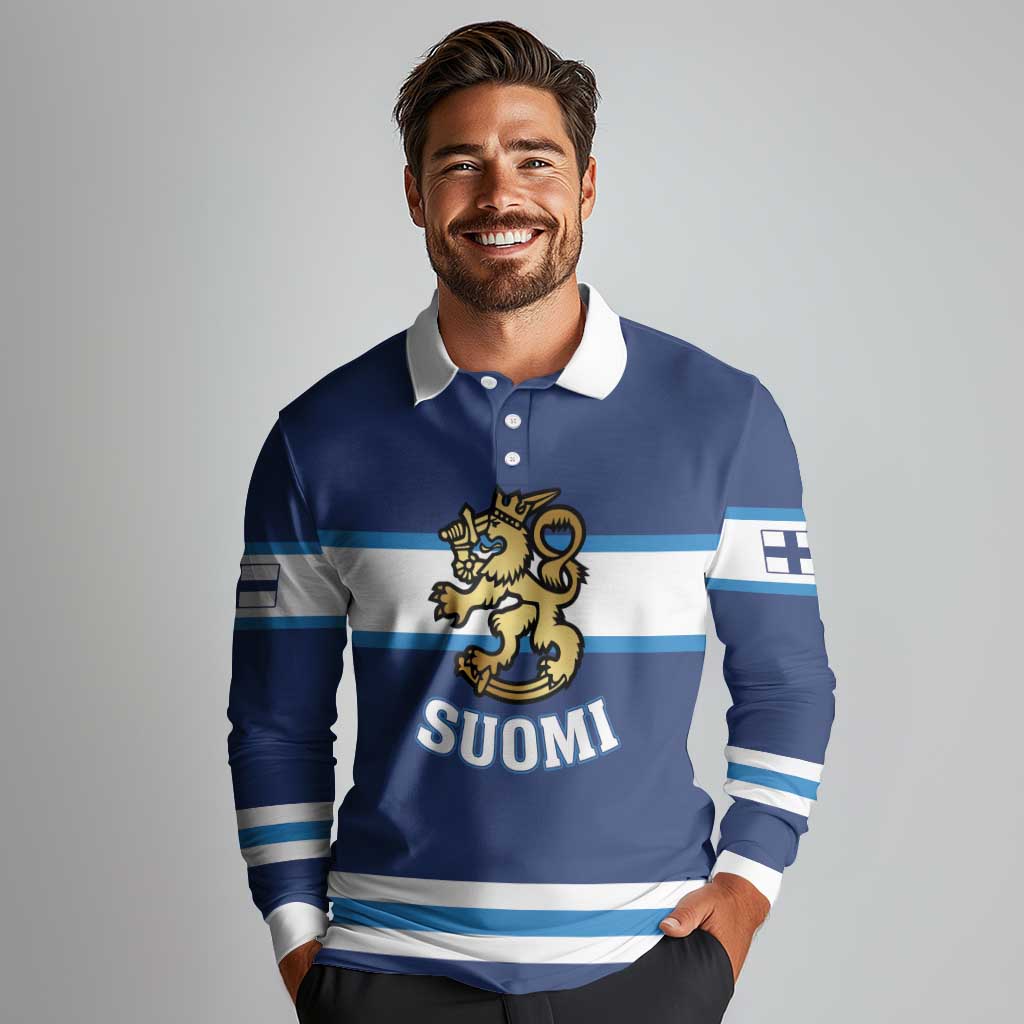 Custom Hockey 2026 Finland Long Sleeve Polo Shirt Finnish Leijonat Champions - Wonder Print Shop