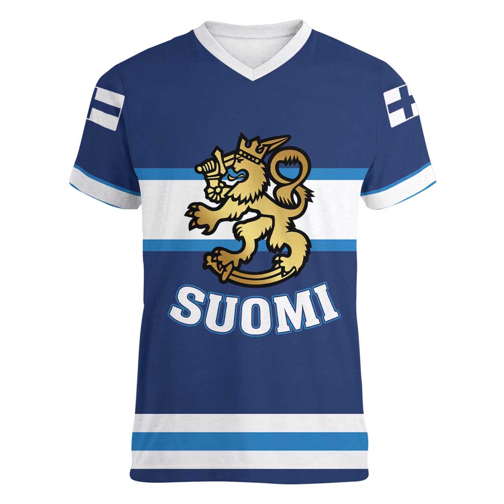 Custom Hockey 2026 Finland Women V-Neck T-Shirt Finnish Leijonat Champions - Wonder Print Shop