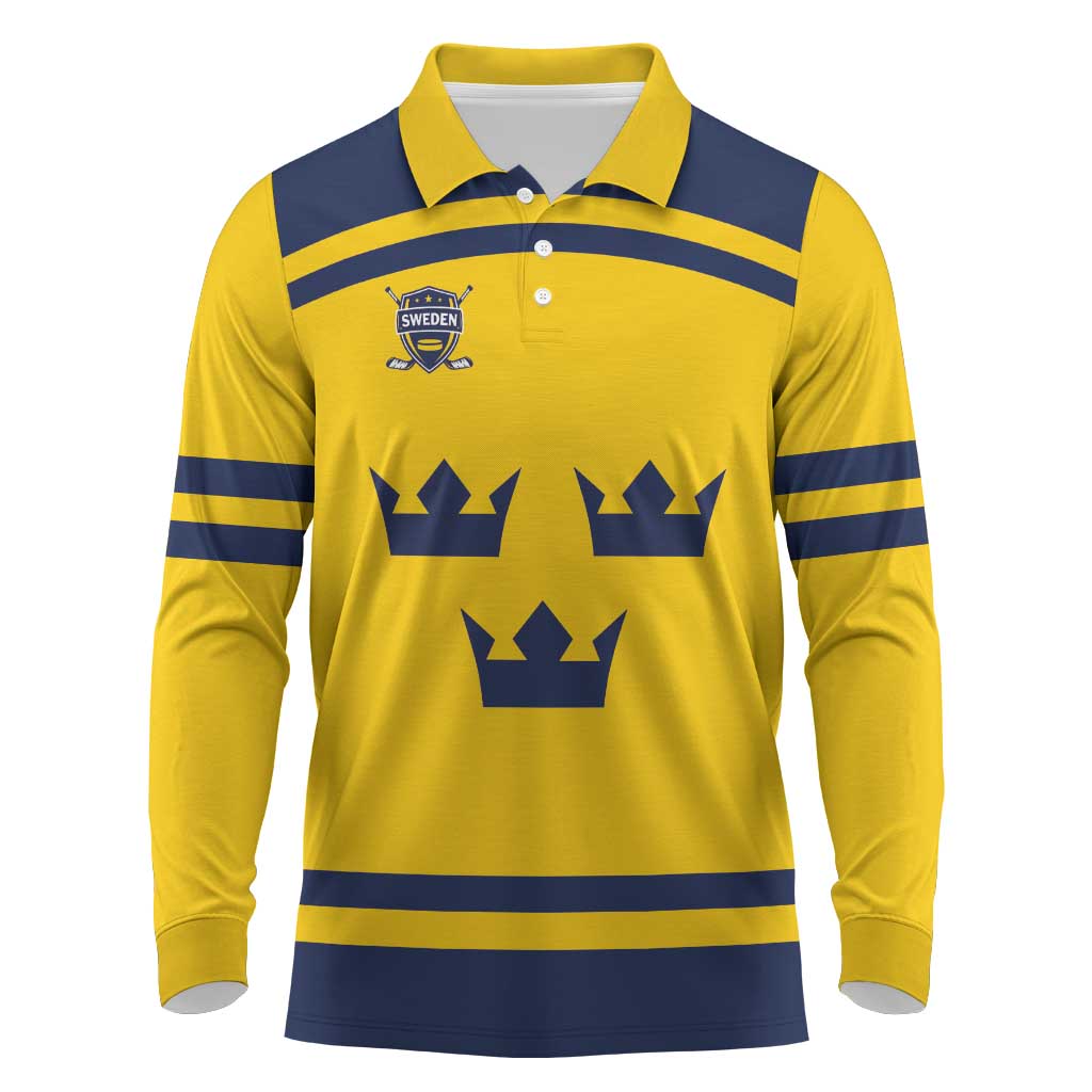 Custom Hockey 2026 Sweden Long Sleeve Polo Shirt Tre Kronor Go Champions - Wonder Print Shop