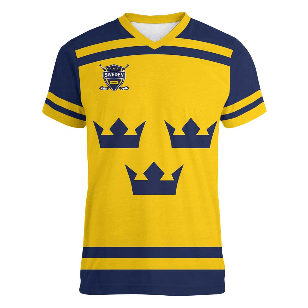 Custom Hockey 2026 Sweden Women V-Neck T-Shirt Tre Kronor Go Champions - Wonder Print Shop