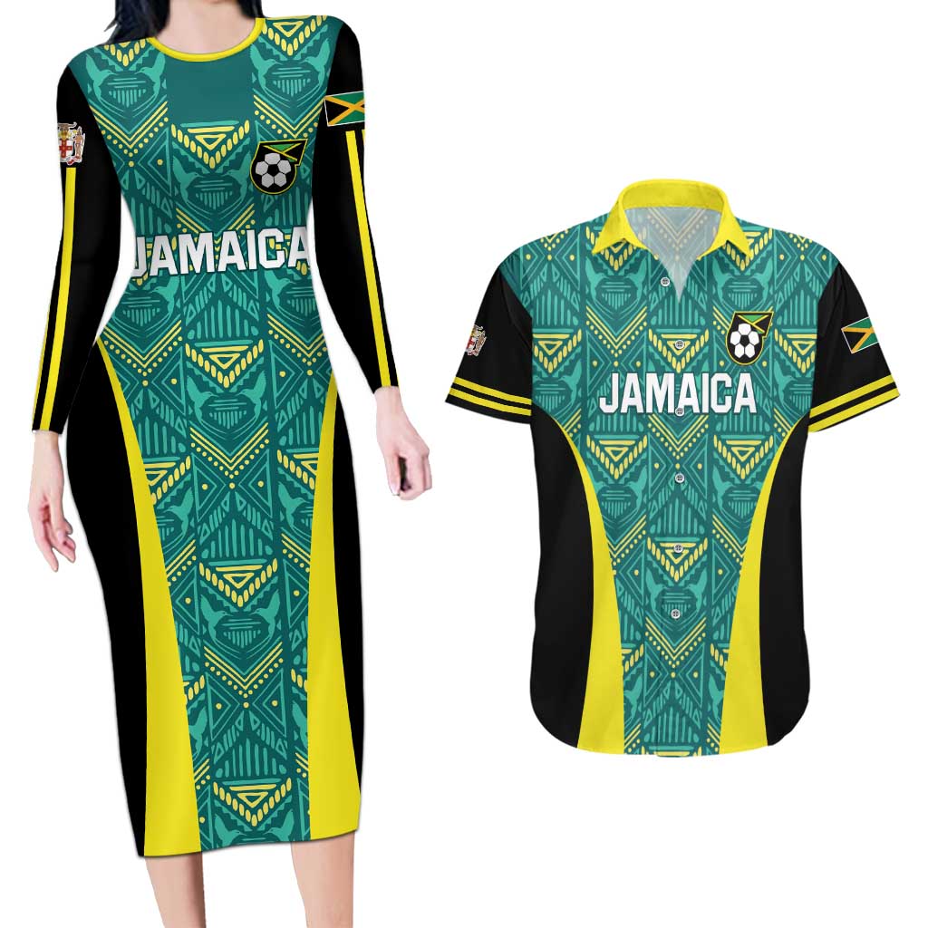 Custom Jamaica Football Couples Matching Long Sleeve Bodycon Dress and Hawaiian Shirt We Believe Reggae Boyz