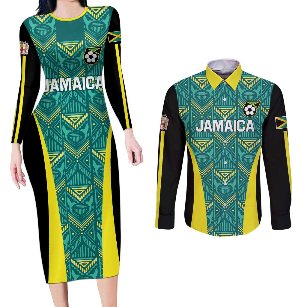 Custom Jamaica Football Couples Matching Long Sleeve Bodycon Dress and Long Sleeve Button Shirt We Believe Reggae Boyz