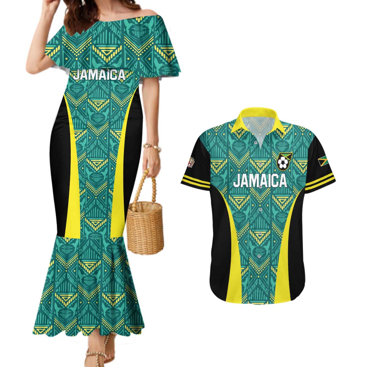 Custom Jamaica Football Couples Matching Mermaid Dress and Hawaiian Shirt We Believe Reggae Boyz