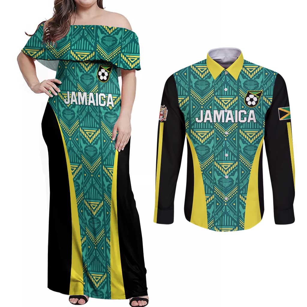 Custom Jamaica Football Couples Matching Off Shoulder Maxi Dress and Long Sleeve Button Shirt We Believe Reggae Boyz