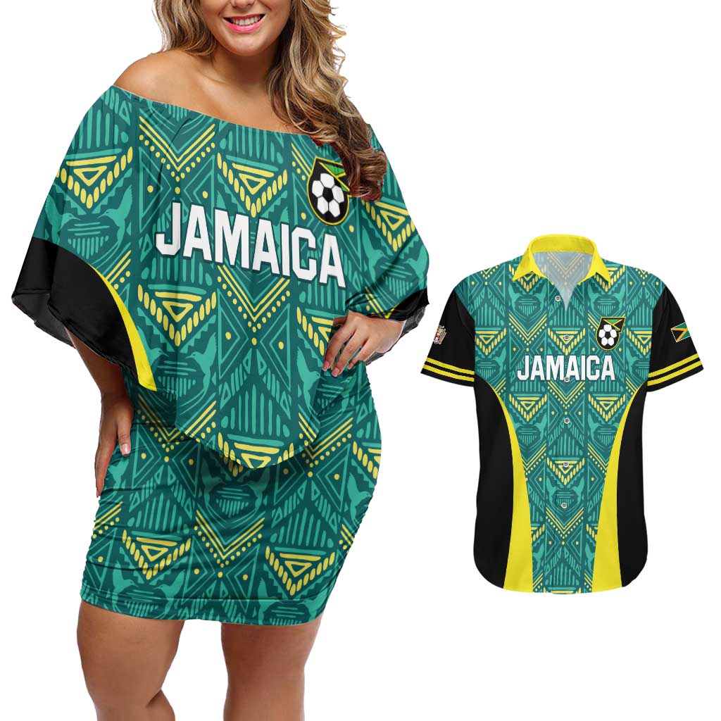 Custom Jamaica Football Couples Matching Off Shoulder Short Dress and Hawaiian Shirt We Believe Reggae Boyz