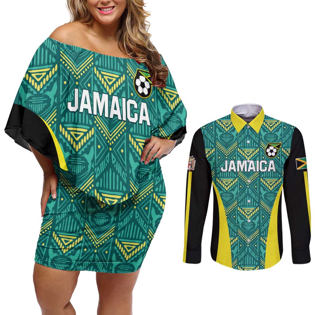 Custom Jamaica Football Couples Matching Off Shoulder Short Dress and Long Sleeve Button Shirt We Believe Reggae Boyz