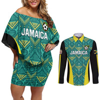 Custom Jamaica Football Couples Matching Off Shoulder Short Dress and Long Sleeve Button Shirt We Believe Reggae Boyz