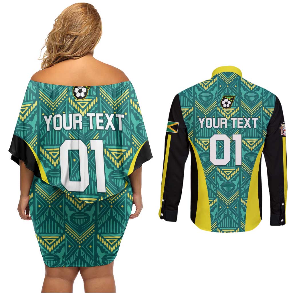 Custom Jamaica Football Couples Matching Off Shoulder Short Dress and Long Sleeve Button Shirt We Believe Reggae Boyz