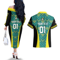 Custom Jamaica Football Couples Matching Off The Shoulder Long Sleeve Dress and Hawaiian Shirt We Believe Reggae Boyz