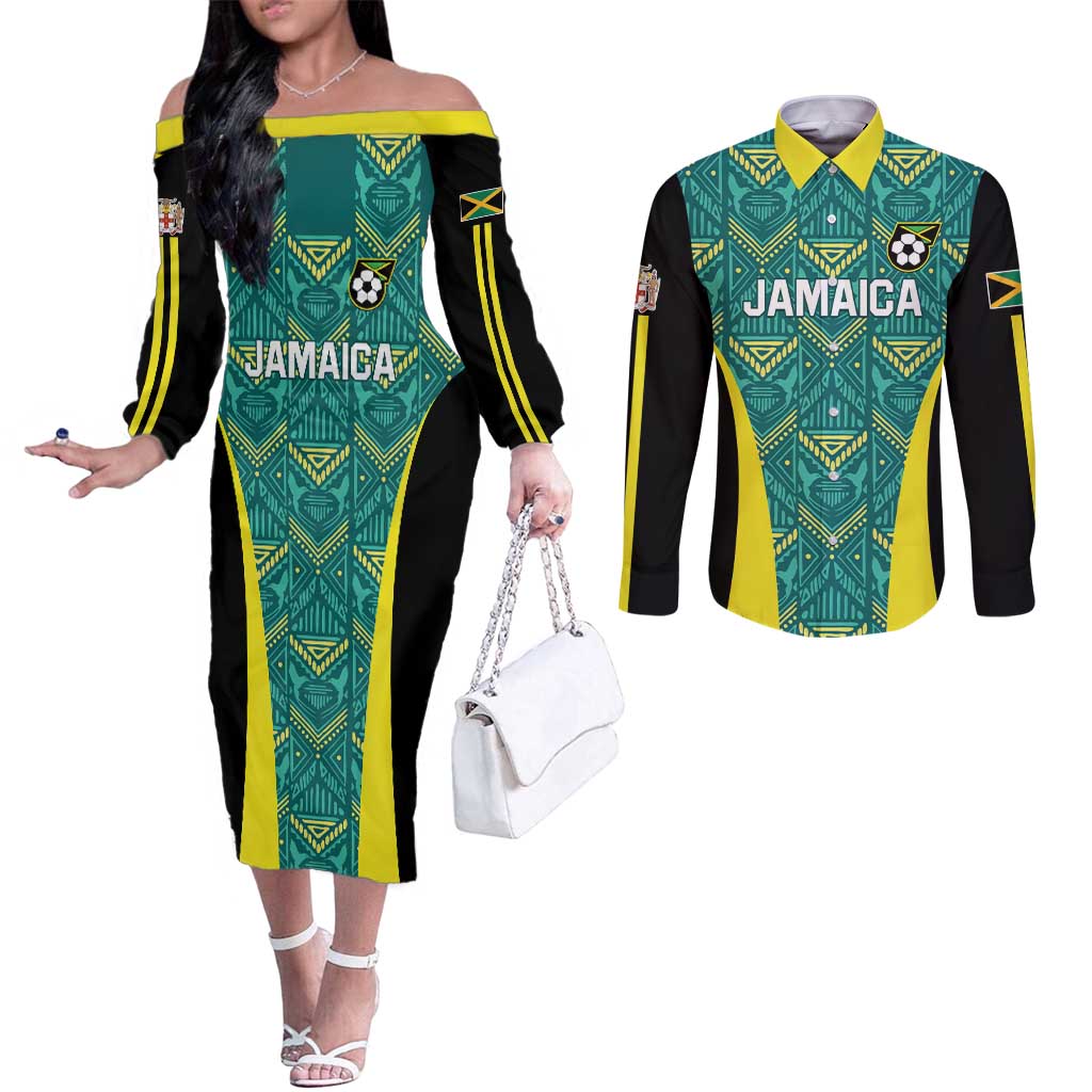 Custom Jamaica Football Couples Matching Off The Shoulder Long Sleeve Dress and Long Sleeve Button Shirt We Believe Reggae Boyz