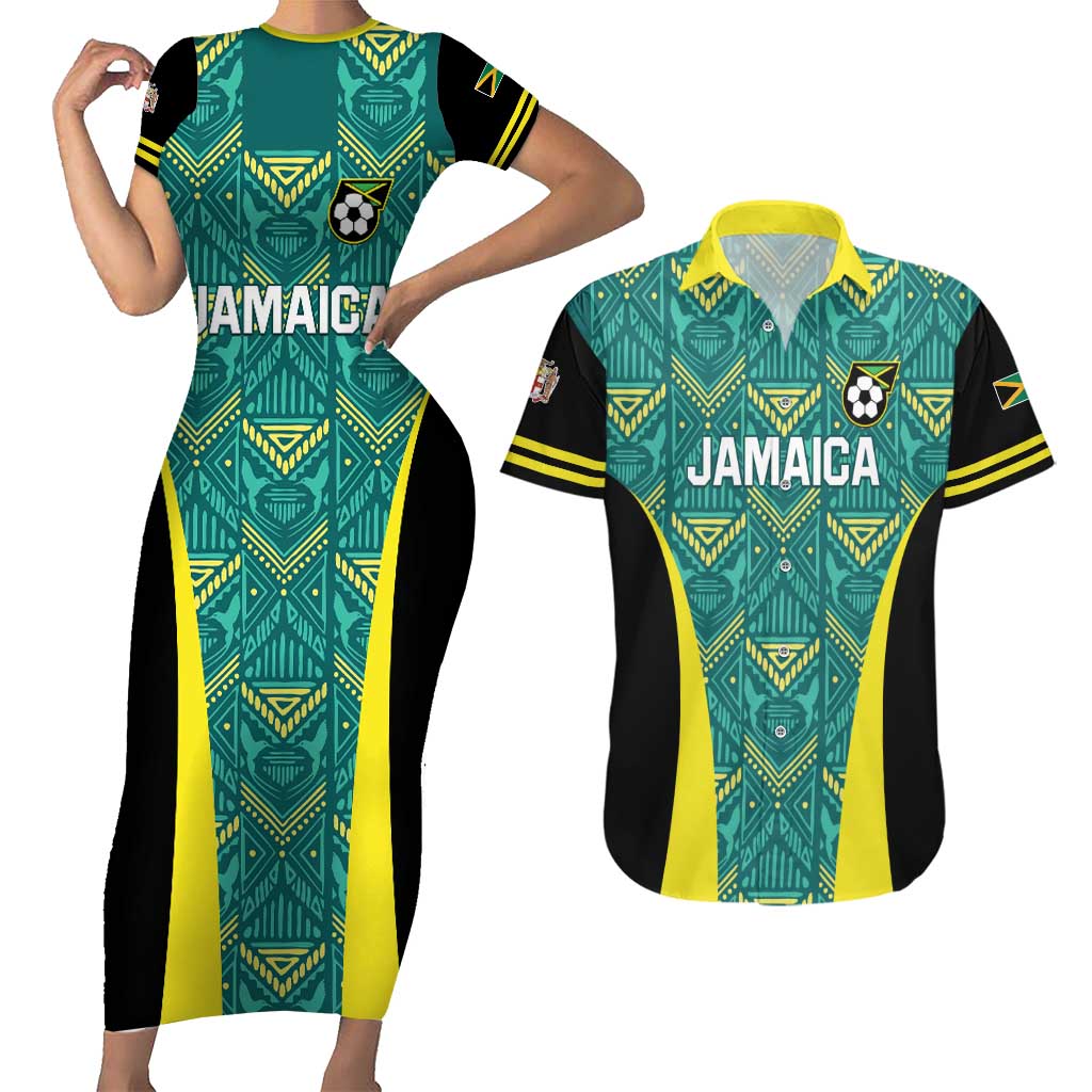 Custom Jamaica Football Couples Matching Short Sleeve Bodycon Dress and Hawaiian Shirt We Believe Reggae Boyz