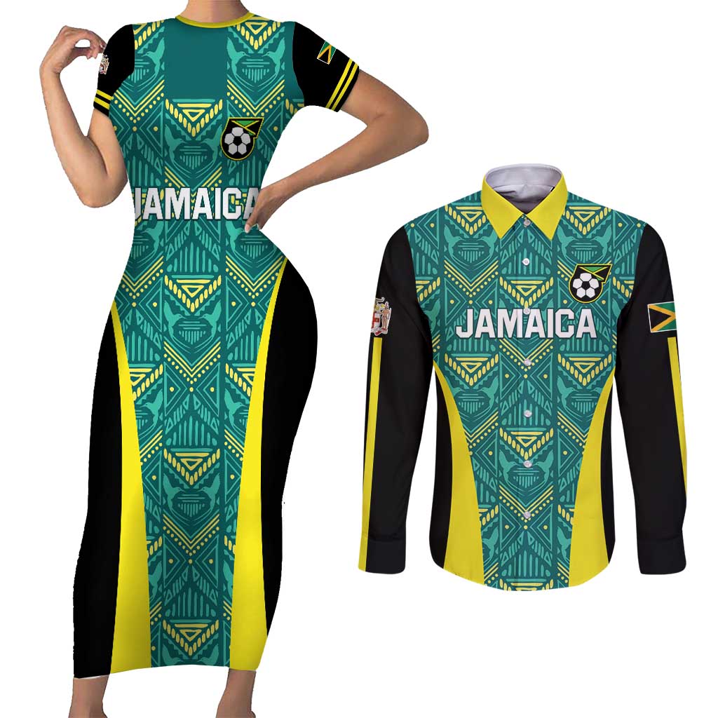 Custom Jamaica Football Couples Matching Short Sleeve Bodycon Dress and Long Sleeve Button Shirt We Believe Reggae Boyz
