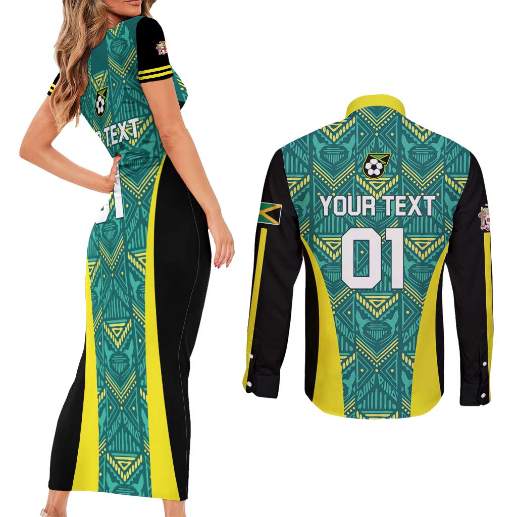 Custom Jamaica Football Couples Matching Short Sleeve Bodycon Dress and Long Sleeve Button Shirt We Believe Reggae Boyz