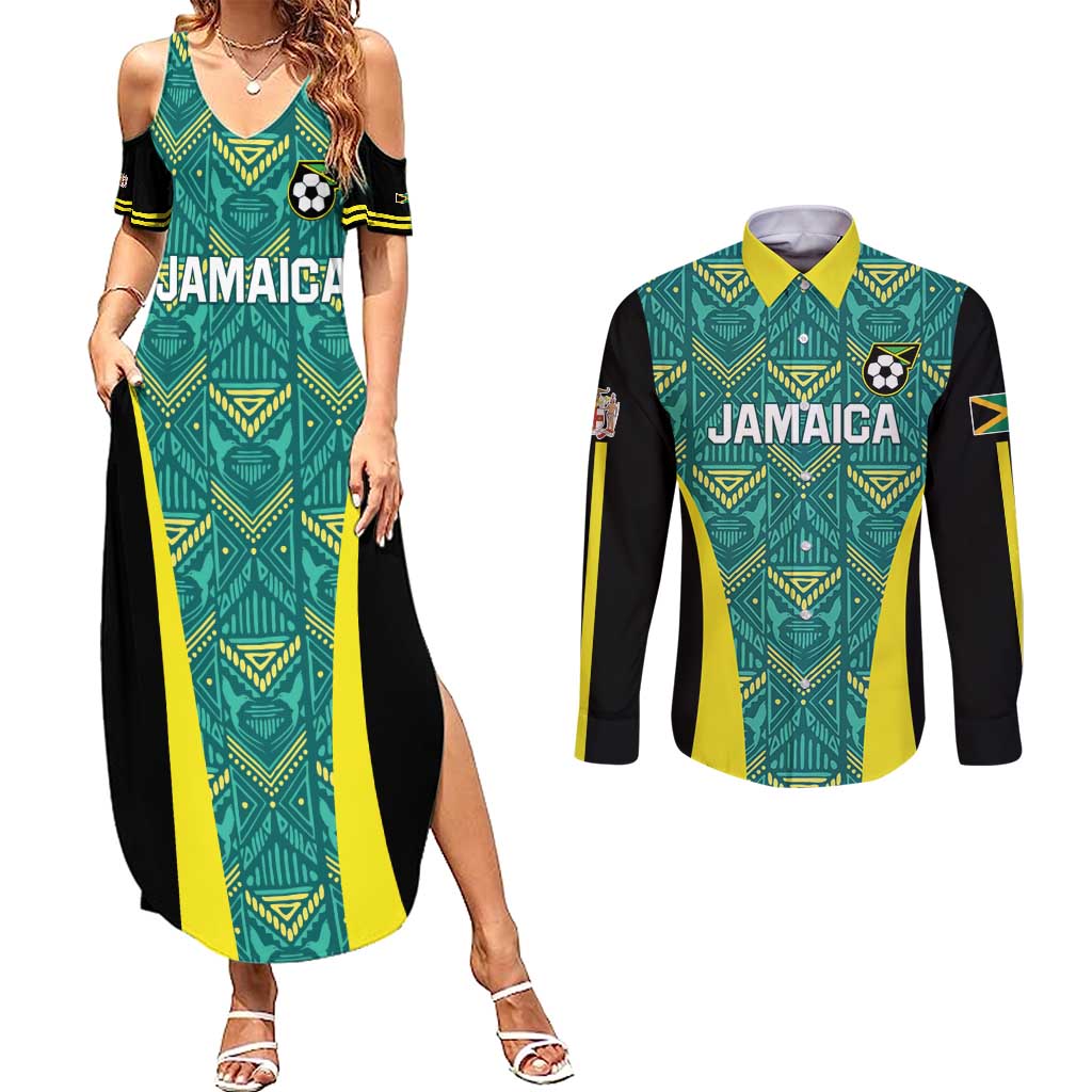 Custom Jamaica Football Couples Matching Summer Maxi Dress and Long Sleeve Button Shirt We Believe Reggae Boyz