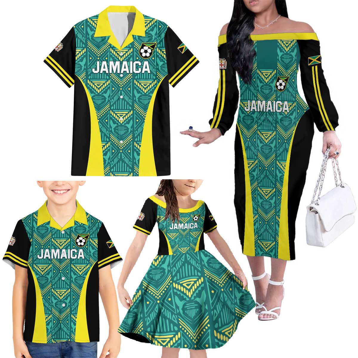 Custom Jamaica Football Family Matching Off The Shoulder Long Sleeve Dress and Hawaiian Shirt We Believe Reggae Boyz