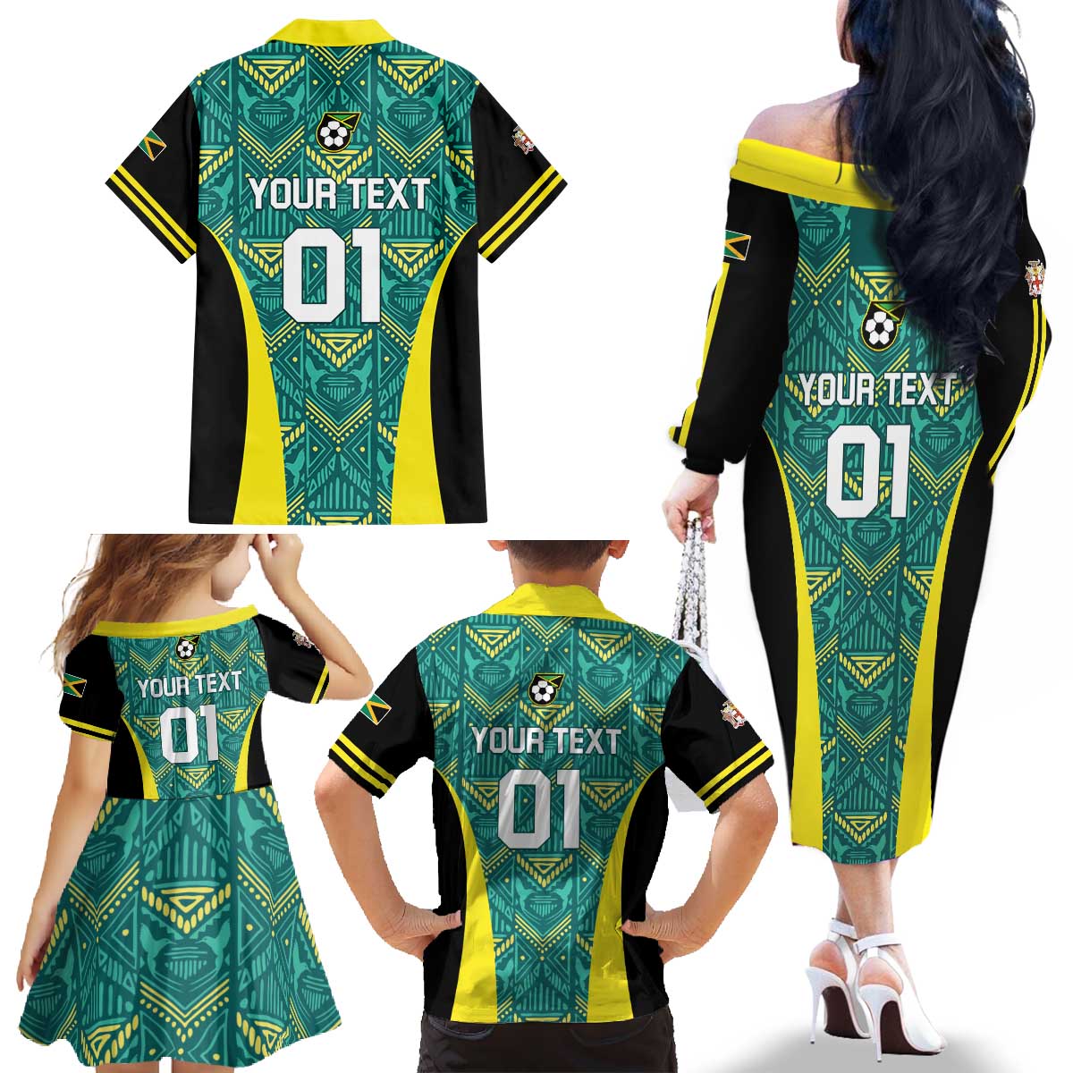Custom Jamaica Football Family Matching Off The Shoulder Long Sleeve Dress and Hawaiian Shirt We Believe Reggae Boyz