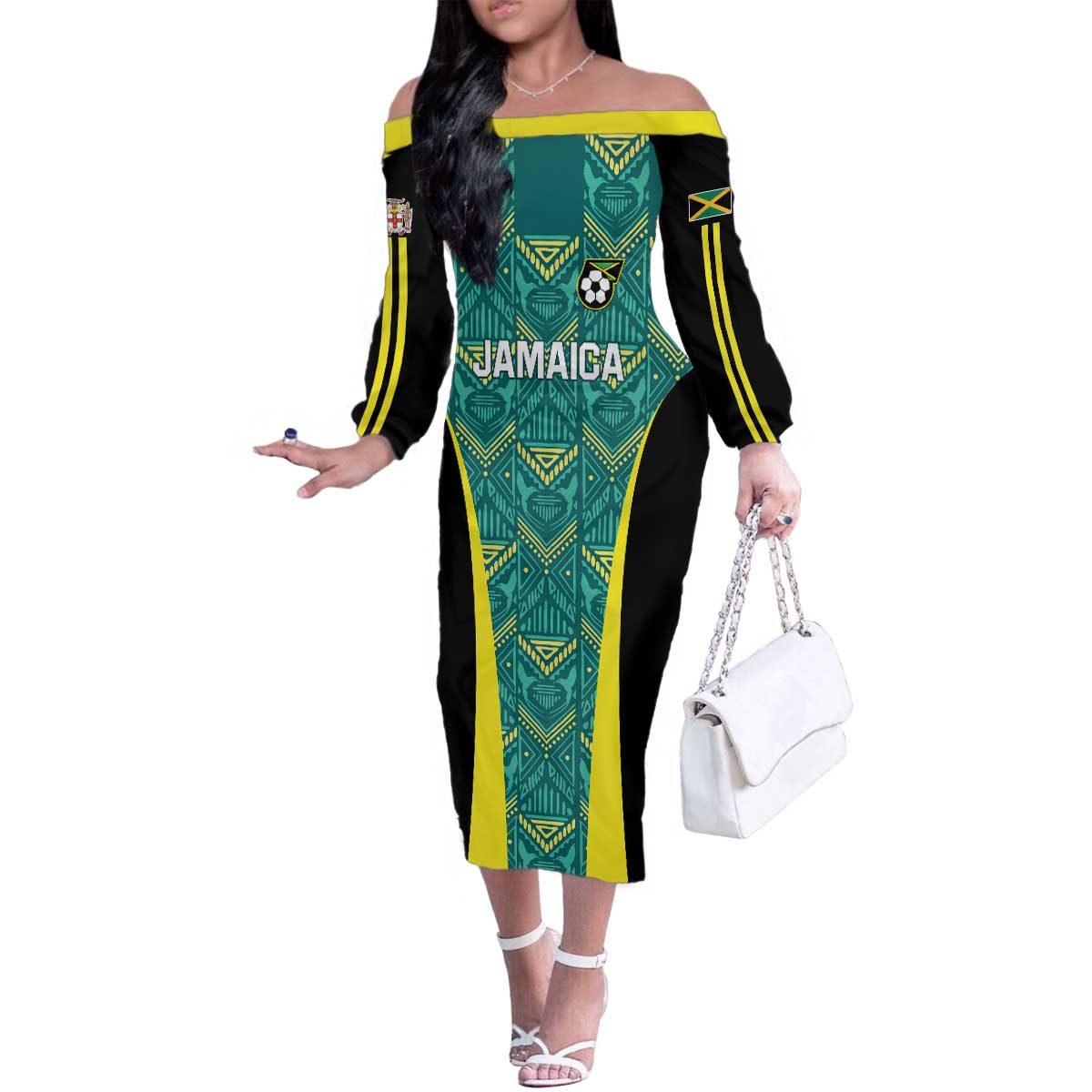 Custom Jamaica Football Family Matching Off The Shoulder Long Sleeve Dress and Hawaiian Shirt We Believe Reggae Boyz
