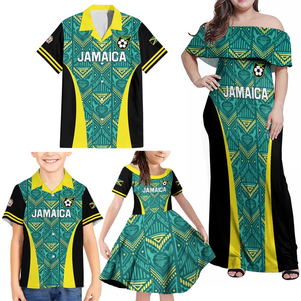 Custom Jamaica Football Family Matching Off Shoulder Maxi Dress and Hawaiian Shirt We Believe Reggae Boyz